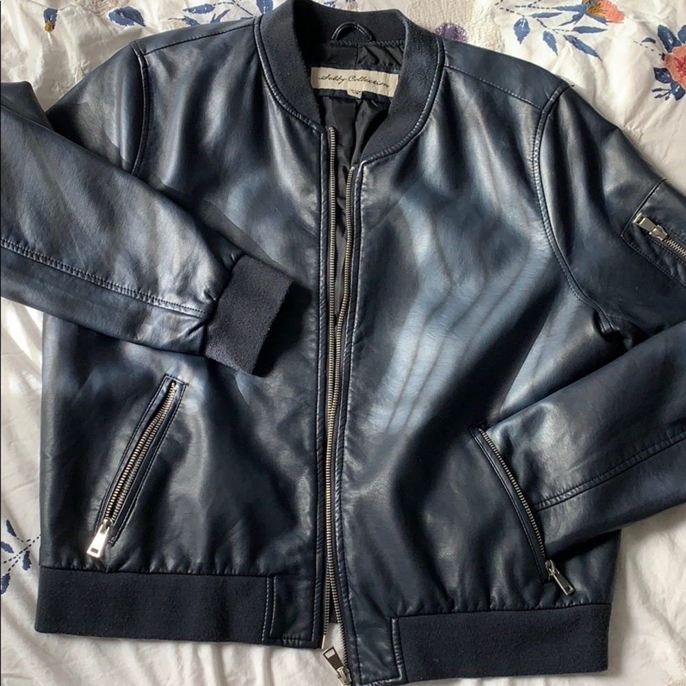 Navy Faux Leather Bomber Jacket